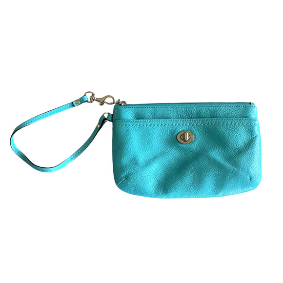 COACH Women's Small Teal Pebble Leather Silver Turnlock Top Zip Wristlet Classic - Picture 2 of 12